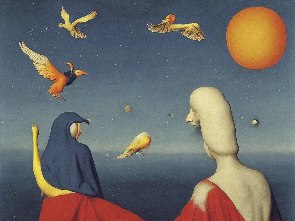 Image similar to albino mystic, with his back turned, looking in the distance at the night sky with stars over the ocean with beautiful exotic bird. Painting by Jan van Eyck, Audubon, Rene Magritte, Agnes Pelton, Max Ernst, Walton Ford