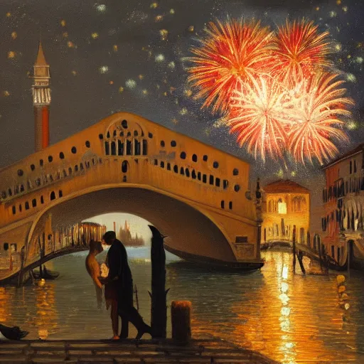 Image similar to an oil painting of couple kissing, in a background fireworks in venice