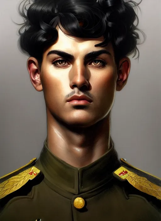 Image similar to portrait of stoic looking young soldier, military uniform, black hair, thick eyebrows, fantasy, intricate, elegant, highly detailed, centered, dark, smokey, digital painting, artstation, concept art, smooth, sharp focus, illustration, art by artgerm and greg rutkowski and alphonse mucha