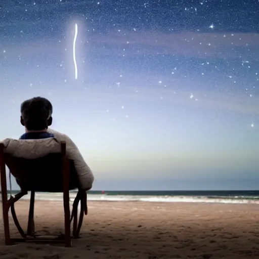 Prompt: man on beach siting in a chair watching the sky as a comet is heading towards earth