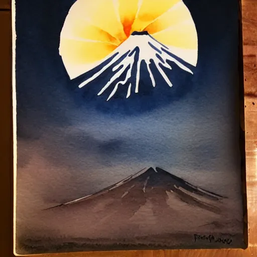 Prompt: Mount Fuji, sun rise, watercolor ink