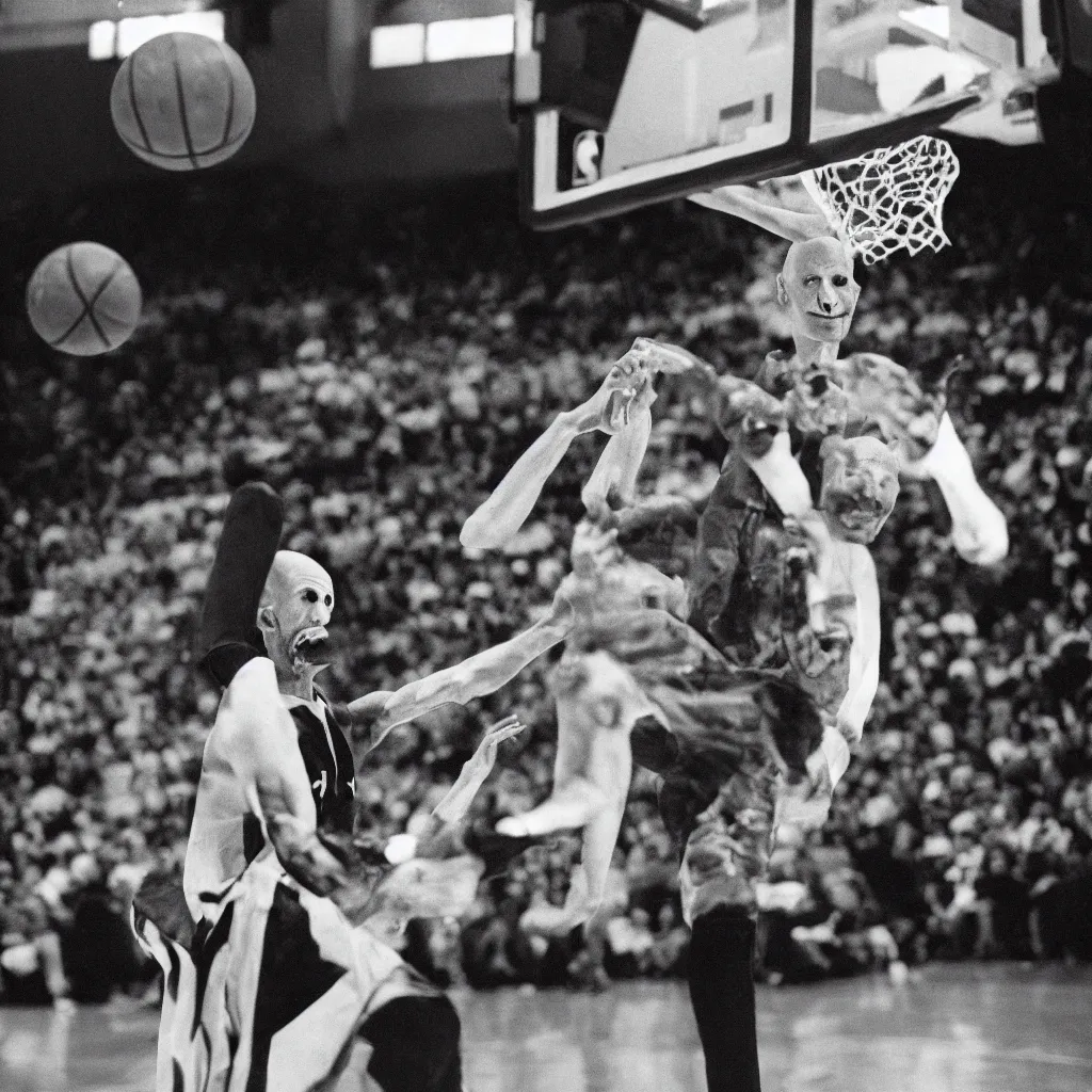 Image similar to portrait of nosferatu playing alone basketball at the nba, 1 2 0 mm lens,