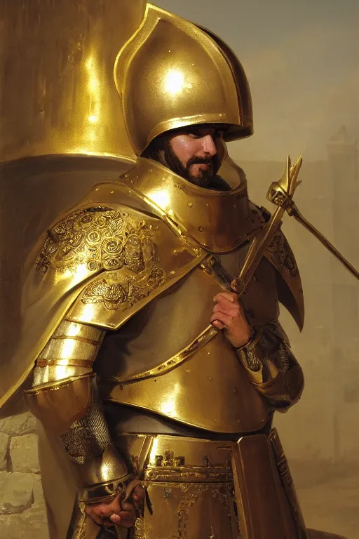 Image similar to man looking forward in decorated with gold baroque style christian crusader armor, cylindrical helmet covering all his face decorated with golden cross on front it's front end and white cape covering half of his body standing at the gates of jerusalem drawn by greg rutkowski realistic high detail