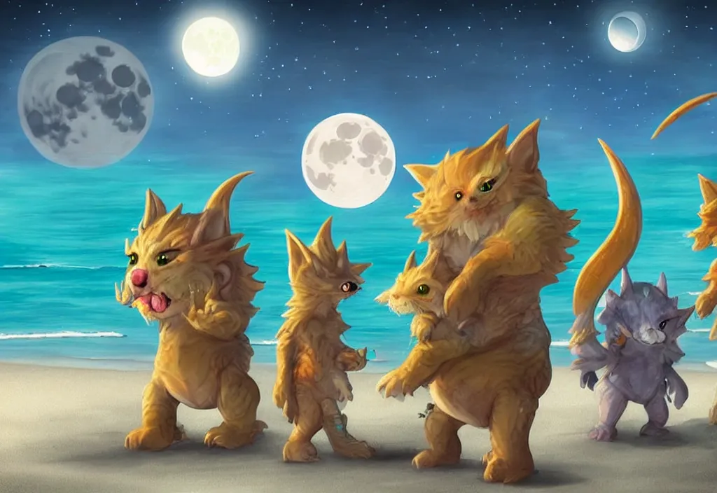 Image similar to cute fantasy critters at a beach looking at the moon, ultra realistic, concept art, highly detailed