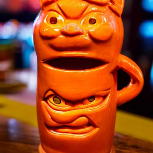 Image similar to a closeup photorealistic photograph of an orange cat garfield style tiki mug at a trader vic's bar with garfield's face on the front. tiki party. bright scene. fine detail. this 4 k hd image is trending on artstation, featured on behance, well - rendered, extra crisp, features intricate detail, epic composition and the style of unreal engine.