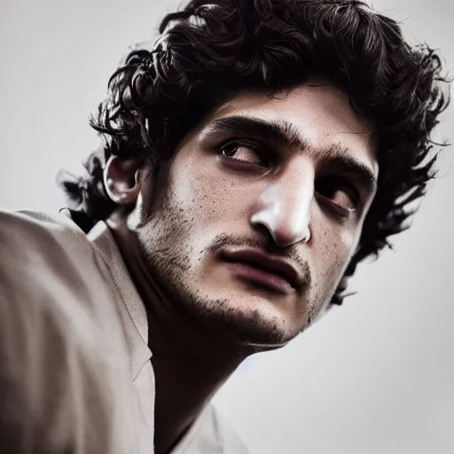 Image similar to louis garrel portrait, arcane netflix, arcane vi, arcane jinx, concept portrait, riot, acrace catoon, detailed expression, high quality, cinematic lighting, fantasy, reflective, spotlight, digital artwork