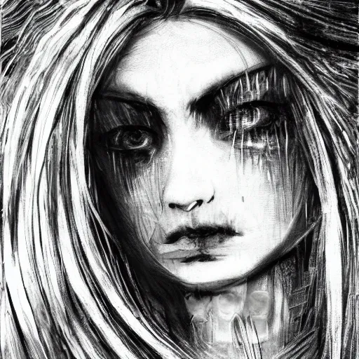 Prompt: yoshitaka amano realistic three quarter angle illustration of an anime girl with black eyes, wavy white hair fluttering in the wind and cracks on her face wearing elden ring armour with engraving, abstract black and white patterns on the background, noisy film grain effect, highly detailed, renaissance oil painting, weird portrait angle, blurred and dreamy old photo