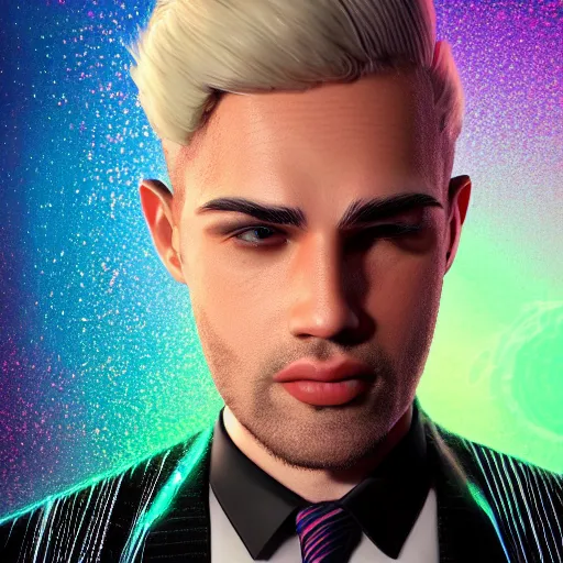 Image similar to cartoon portrait made out of rain, pinstripe suit, short blond hair, galactic background, rendered in octane, unreal engine, highly detailed, trending on artstation, realistic, splashes of neon, beautiful