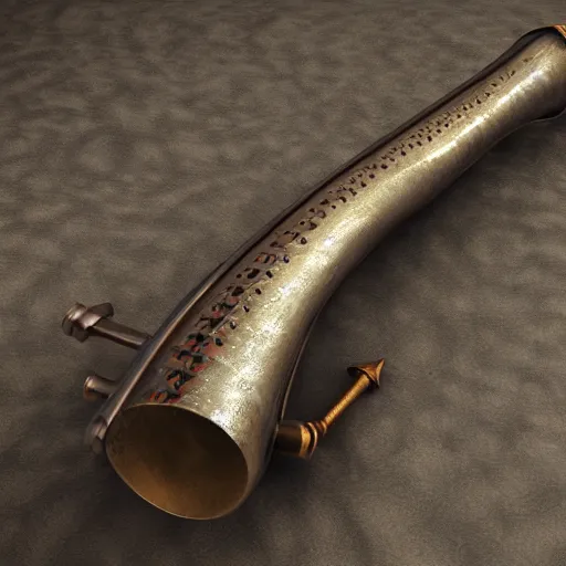 Image similar to a 3 d render of a medieval blowing horn, winding horn, animal horn, higly detailed, mystic, artwork