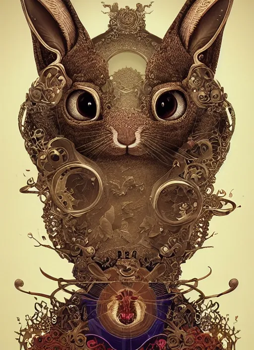 Prompt: hyperdetailed 3 d render of the little rabbit that eats souls, with elaborate and beautiful symbolic elements, highly detailed, digital painting, artstation hq, sharp foccus ilustration, intricate, elegant. lush, artgerm, greg rutkowski, alphonse mucha, huge shot, dan mumford, tomokazu matsuyama, takato yamamoto, object oriented ontology