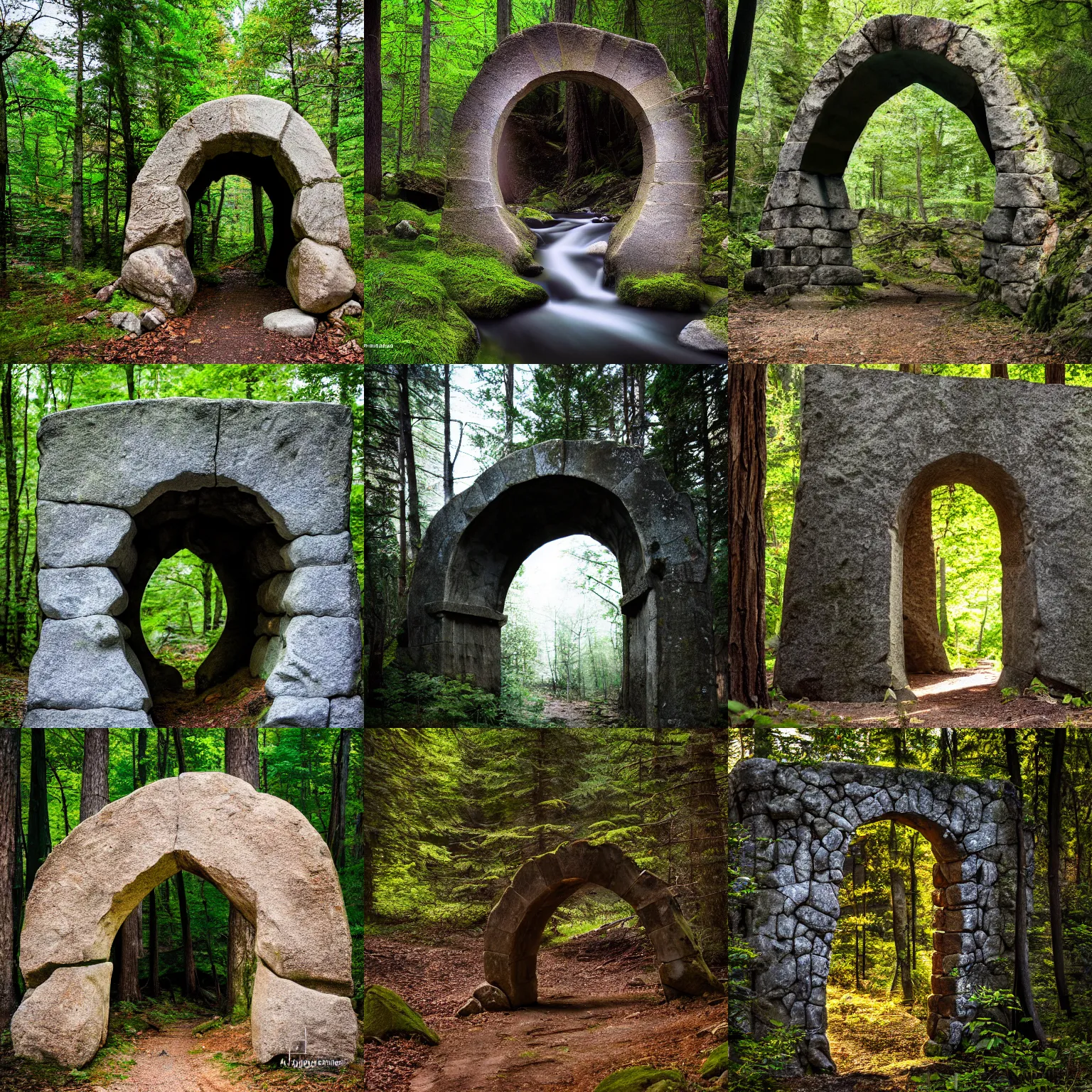 Prompt: Stone arch dimensional portal in the forest, taken with Sony a7R camera