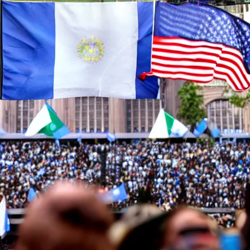 Image similar to Lady Gaga as president, Argentina presidential rally, Argentine flags behind, bokeh, giving a speech, detailed face, Argentina