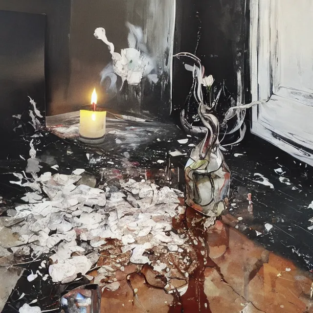 Prompt: a female artist's apartment, sensual portrait of a woman sleeping, cracked handmade pottery vase, torn paper smouldering smoke, candles, white flowers on the floor, puddle of water, octopus, squashed berries, neo - expressionism, surrealism, acrylic and spray paint and oilstick on canvas