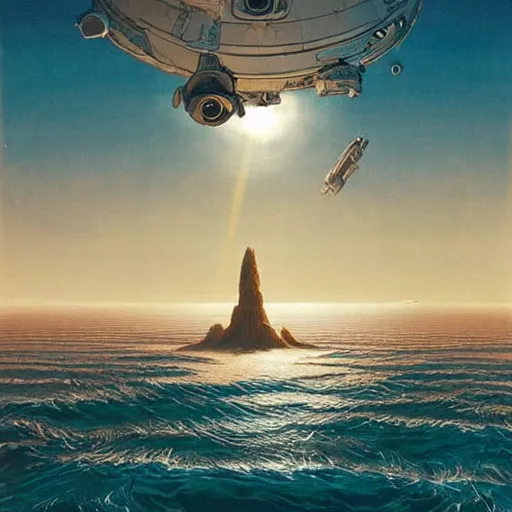 Image similar to beautiful matte painting of golden shores of a blue dreamy ocean, heavenly island in the clouds floating above the ocean, spaceship flying by, towering mountains emerging from the ocean, sci - fi, daylight, blue sky, cinematic lighting, cinematic perspective, syd mead, john harris, federico pelat