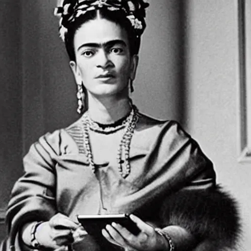 Prompt: a high quality photo of frida khalo using a tablet to portray a monkey who is dressed as a napoleonic general