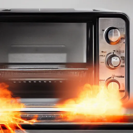 Image similar to toaster oven connected to 1 0 0 cables, symmetry, dark messy smoke - filled cluttered workshop, dark, dramatic lighting, orange tint, sparks, cinematic, highly detailed, sci - fi, futuristic, movie still