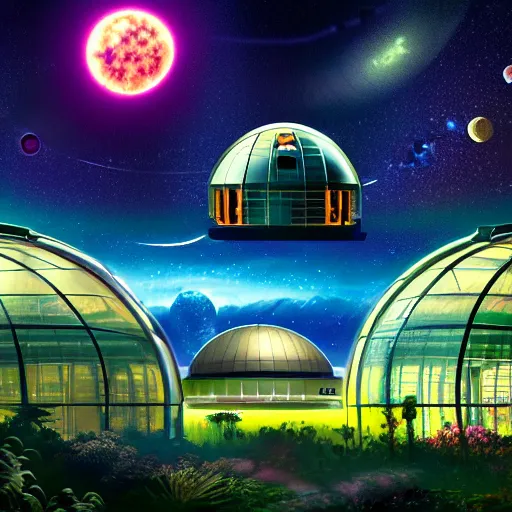 Image similar to a cinematic view of a deepspace solar powered space habitat colony, large domed greenhouses with exotic plants, retrofuturism, scifi art, oil on canvas, biodome, stars in the sky above, details, hyper - detailed, hd, hdr, 4 k, 8 k