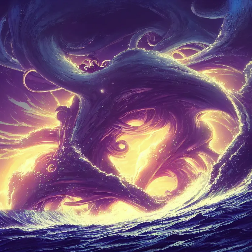 Prompt: treasure planet, kraken monster in a stormy sea with huge waves, huge tentacles, clouds, stars, rings, beautiful lighting, vivid colors, intricate, elegant, smooth, concept art, cinematic, unreal engine, wallpaper, by syd mead, terada katsuya, atey ghailan, svetlin velinov, makoto shinkai art style