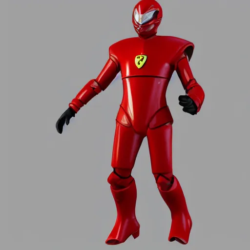 Image similar to Tokusatsu character based on Ferrari, red mechanical skinny body, chest plate with Ferrari logo, stylized motorcycle helmet, full body, unreal engine, 3D model