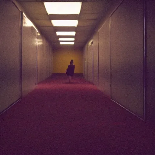 Prompt: the creature from It Follows in a Liminal space, the backrooms, office/thrift store/social hall, carpet, abandoned, poor fluorescent lighting, yellow tint, security camera footage, low resolution