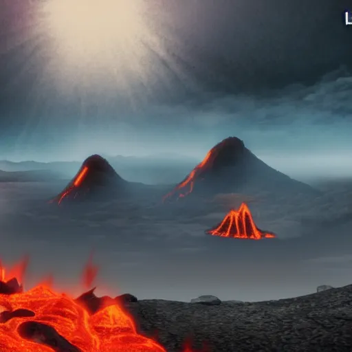 Image similar to epic battle between two wizards, lava in the background, cinematic, establishing shot