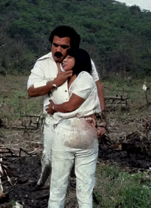 Prompt: film still of kim kardashian hugging Pablo Escobar, Pablo holding her waist, abandoned shack