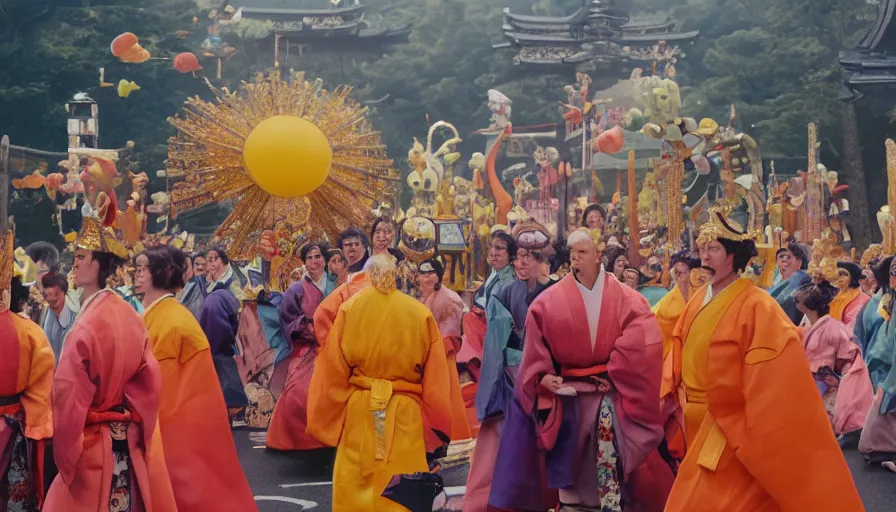 Prompt: movie still by alejandro jodorowsky of a fun festival in kyoto japan, visible magic energy, costumes, parade floats, cinestill 8 0 0 t eastmancolor technicolor, high quality, very detailed, heavy grain, fine facial features, 8 k, octane render