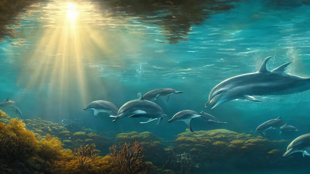 Prompt: underwater, sun rays shining through the water surface, dolphins swimming, peaceful, amazing, by andreas rocha and john howe, and Martin Johnson Heade, featured on artstation, featured on behance, golden ratio, ultrawide angle, f32, well composed
