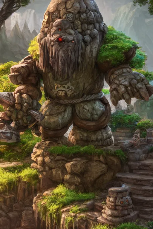 Image similar to zelda fantasy art giant golem troll wood rock greeble gemstone, global illumination ray tracing hdr fanart arstation by sung choi and eric pfeiffer and gabriel garza and casper konefal