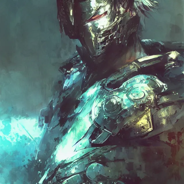 Image similar to lone samurai in cyan armor, art by yoshikita amano, ruan jia, yoji shinkawa, trending on artstation, very very detailed, beautiful, amazing quality, breathtaking artwork