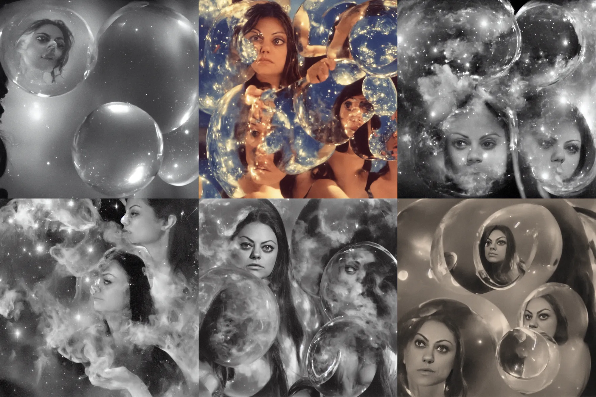 Image similar to smirking 1970 Mila Kunis reflected in a reflective bubble, puffs of smoke, The Stars My Destination, Ludek Pesek, Rick Guidice, Chesley Bonestell, Lucien Rudaux, Rolf Klep, Fred Freeman, George Pal