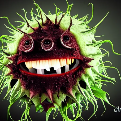 Prompt: a corona virus eats a salad monster, photo realistic, professional photography