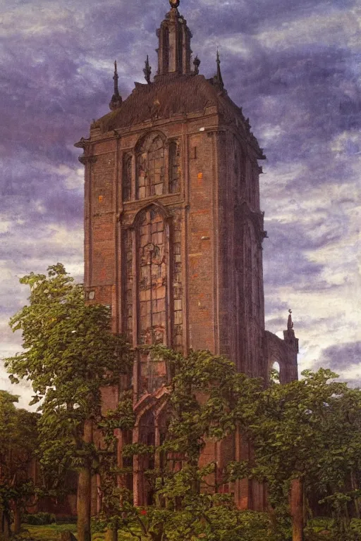 Image similar to view of the old tower and its gardens after a storm, tall windows lit up, beautiful ornamental architecture, dramatic cinematic lighting, rich colors, by Caspar David Friedrich and Diego Rivera and ford madox brown, smooth, sharp focus, extremely detailed, featured on artstation