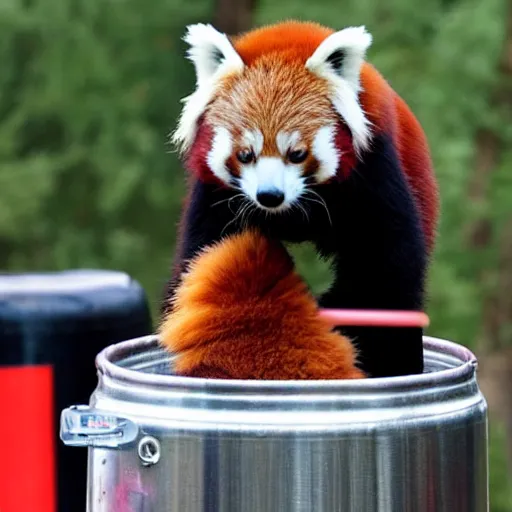 Image similar to a red panda doing a keg stand