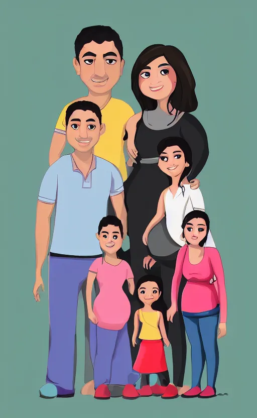 Image similar to a front view family portrait of a smiling hispanic pregnant lady illustration, trending on artstation