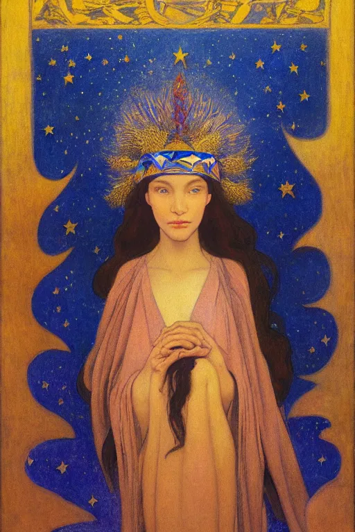 Image similar to girl with stars in her hair by Nicholas Roerich and Annie Swynnerton and Diego Rivera and jean delville, dramatic cinematic lighting , ornate headdress , flowing robes, sacred artifacts, lost civilizations, smooth, sharp focus, extremely detailed