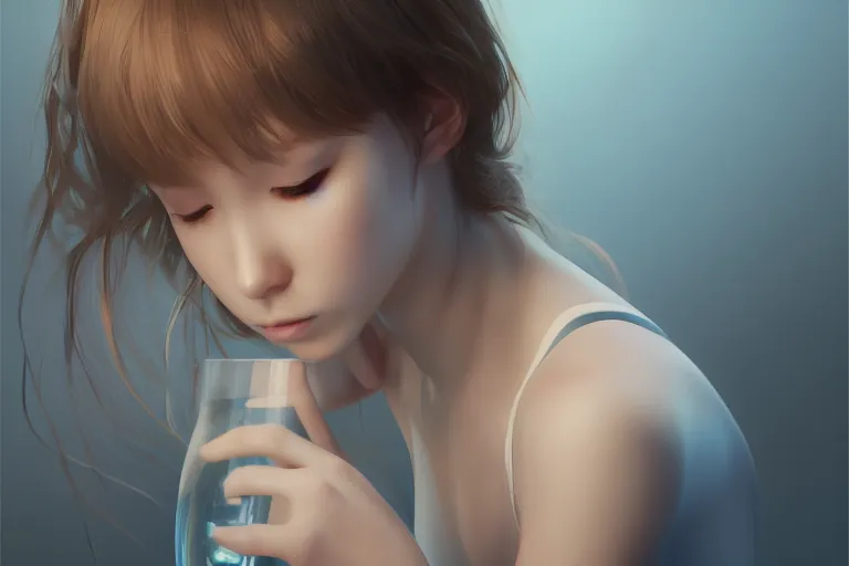 Image similar to a girl drinking water, digital art by wlop, greg ruthowski, ross tran, trending on artstation and deviantart, extremely high quality, amazing lighting