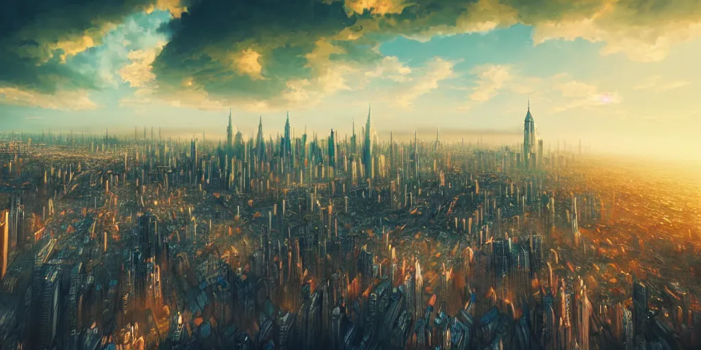 Prompt: city build on clouds, huge city, fantasy, highly detailed, high quality, 8 k, 4 k, octane render, digital painting, alena aenami, lilia alvarado, shinji aramaki, karol bak, alphonse mucha, tom bagshaw