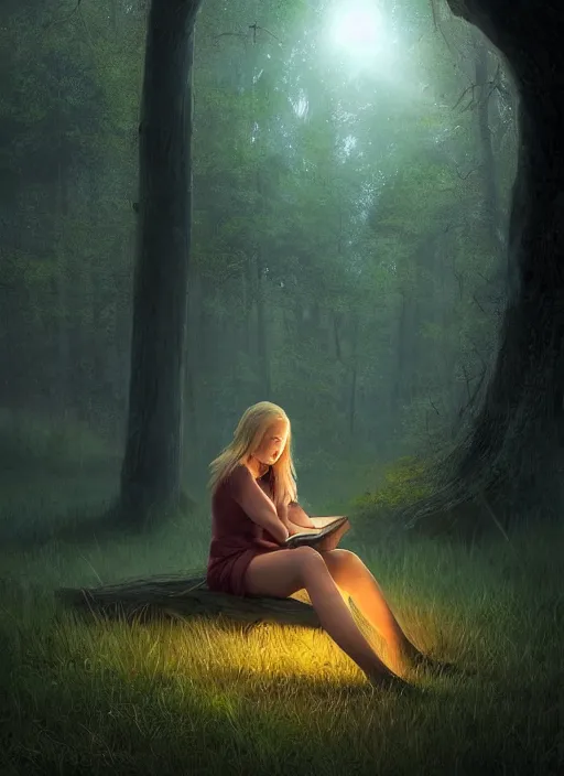 Image similar to portrait, blond girl sits in mystical misty forest, reading under a tree, fireflies, dramatic lighting, cinematic, establishing shot, extremly high detail, foto realistic, cinematic lighting, post processed, concept art, artstation, matte painting, style by eddie mendoza, raphael lacoste, alex ross