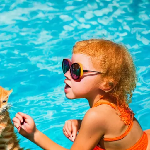 Prompt: a girl with curly blonde hair at a pool party with an orange tabby kitten looking on