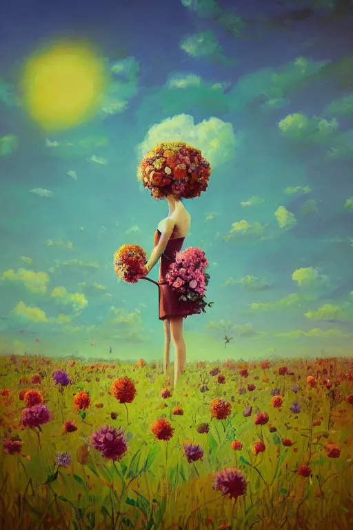 Image similar to closeup, giant flower head, girl in suit standing in a field of flowers, surreal photography, sunrise, blue sky, dramatic light, impressionist painting, digital painting, artstation, simon stalenhag