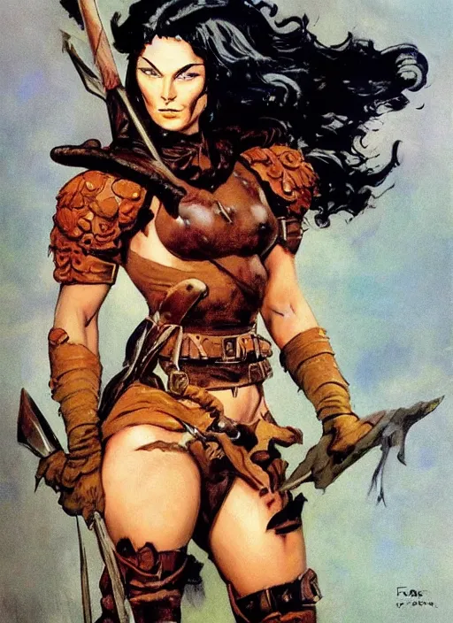 Image similar to portrait of strong female ranger, beautiful! coherent! dungeons and dragons character, by frank frazetta, by brom, strong line, deep color, leather armor, short buzzed hair, high contrast