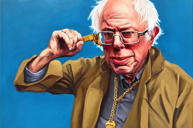 Image similar to Bernie Sanders as rap artist wearing gold chains and gold teeth, drinking cough syrup, oil on canvas, artstation, portrait, masterpiece, aesthetic