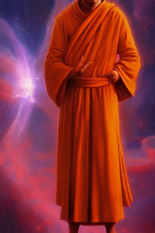 Prompt: portrait of a monk in a spaceship, looking at a nebula, orange robe, dramatic lighting, artstation, matte painting, ralph mcquarrie