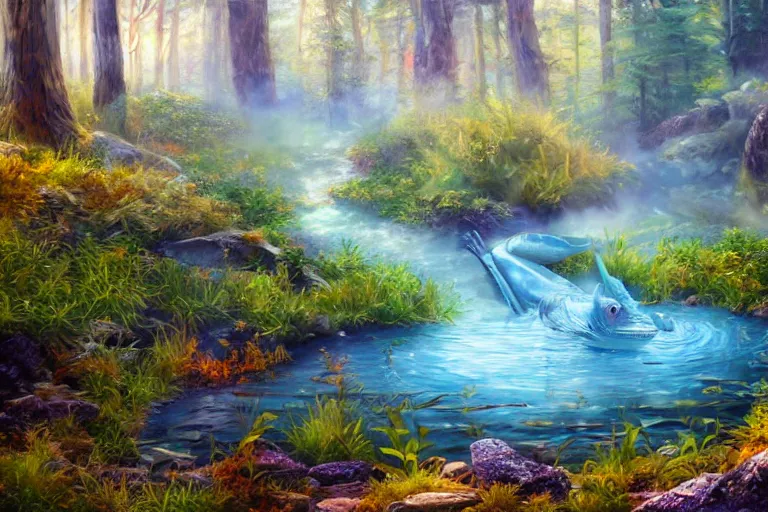 Image similar to highly detailed oil painting of a reptile sitting in a steaming colorful hotspring with woodland forest backdrop, featured on artstation