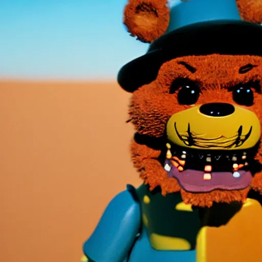 Image similar to Closeup of Freddy Fazbear in the Sahara desert, award winning Tarantino movie still, 35 mm, cinematic