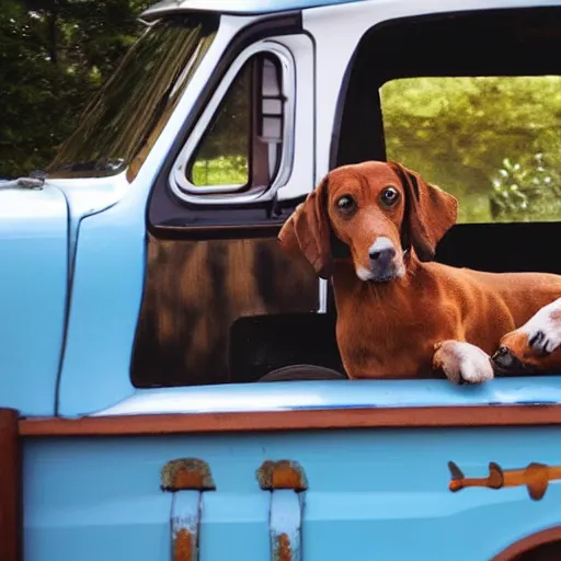 Prompt: A folkpunk brown hound dog playing the banjo in front of a pickup truck