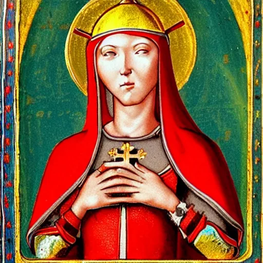 Image similar to a woman with red short hair, red hair, wearing a medieval armor, intricated details armor, holy knight, a halo on her head, holy saint, holy ichonography, catholic fresco