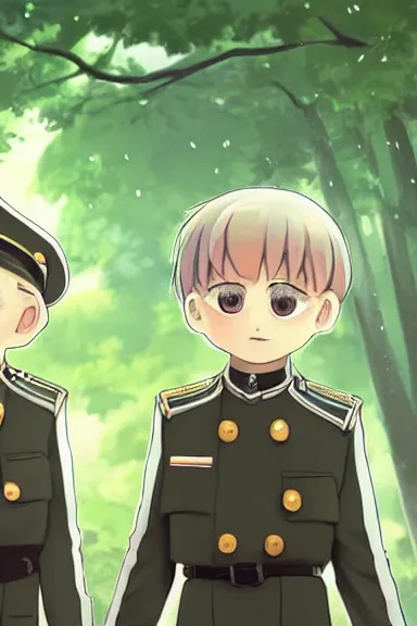 Image similar to beautiful little boy in nazi male uniform posing with an jew. made in abyss art style, sharps focus, cute detailed artwork, anatomically correct, ilya kuvshinov, reflection, perfect composition, wallpaper mobile, digital art, detailed anime soft face, symmetrical face, western comic, illustration, realistic, smooth, lois van baarle, soft details, illumination