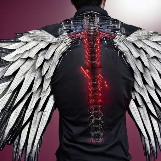 Prompt: man with cybernetic bird wings coming from his back, highly detailed, mega detailed, photo realistic, cyberpunk,